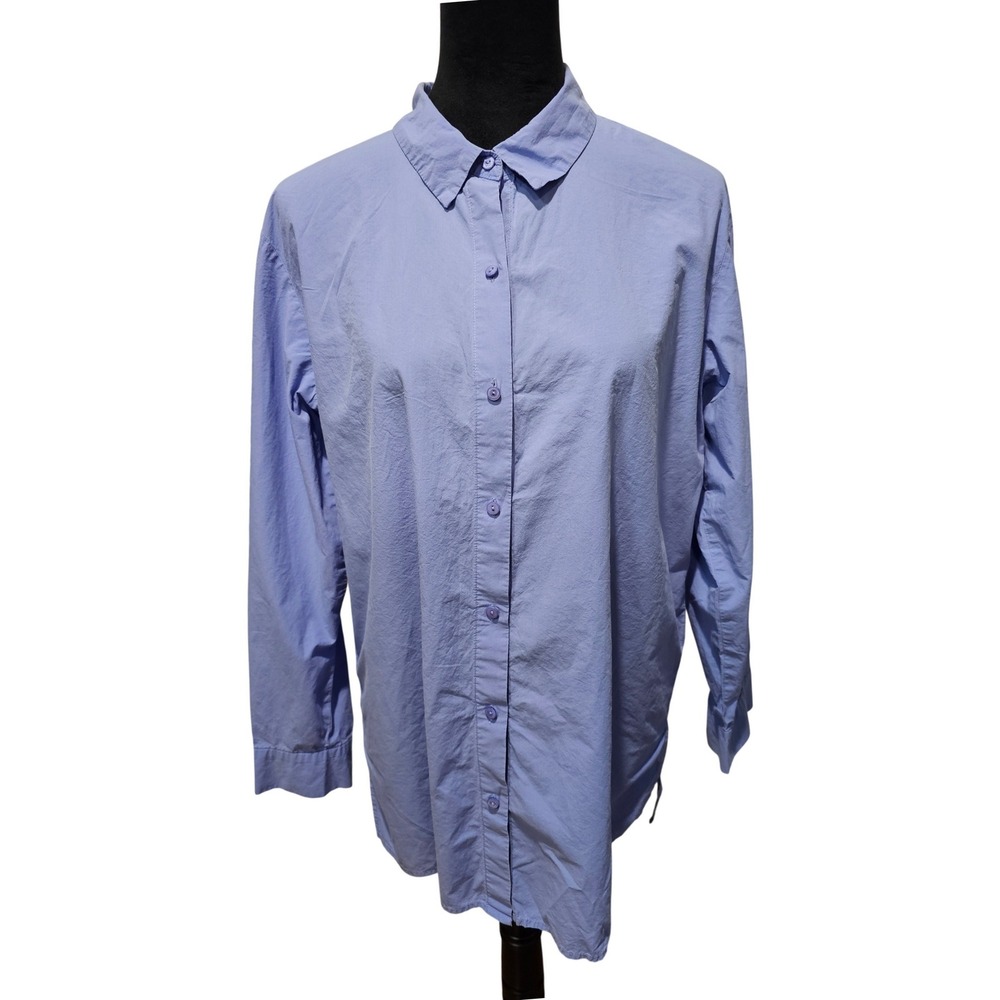 Eileen Fisher Button Down Shirt Womens L Blue Organic Cotton Top Blouse Workwear